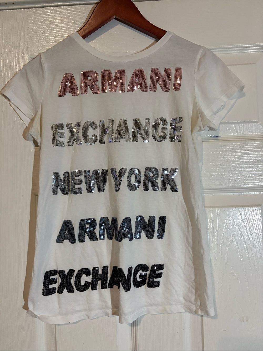 Armani Exchange Girls White Tee with Multicolor Sequin Logo